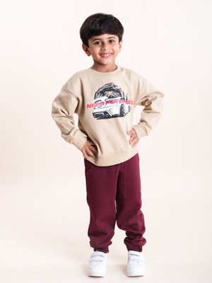 KiddoPanti Boys Casual Sweatshirt Track Pants(Beige & Maroon)