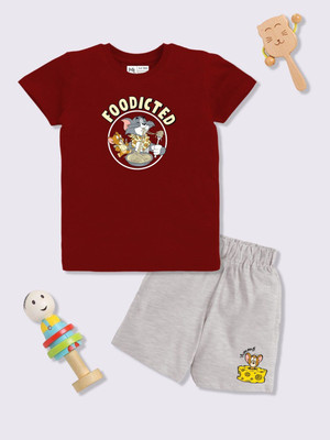 YK X Minute Mirth Boys & Girls Tom & Jerry Casual T-shirt Shorts(Maroon)