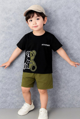 MUSNAHGARMENTS Baby Boys & Baby Girls Casual T-shirt Shorts(Black and Mehendi)