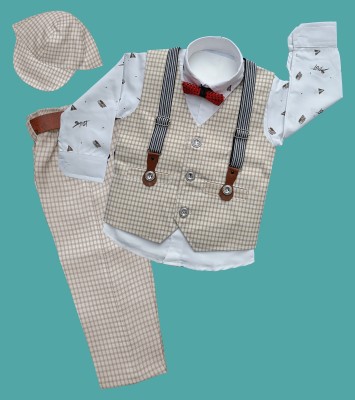 Qutie Ninja Baby Boys Party(Festive) Waistcoat Shirt, Bow Tie, Pant, Cap(Light Brown)