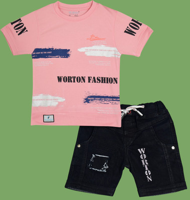 Worton Fashion Boys Casual T-shirt Shorts(Pink)