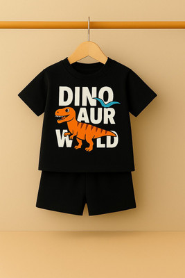 Jashmen Boys Dinosaur Casual T-shirt Shorts(Black)