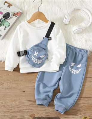 FAHADCREATIONS Boys Casual T-shirt Trouser(White, Grey)