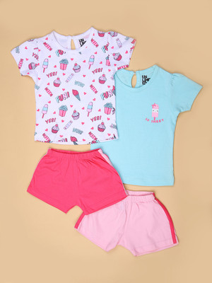 V-MART Baby Girls Casual Top Shorts(White-Light Blue)