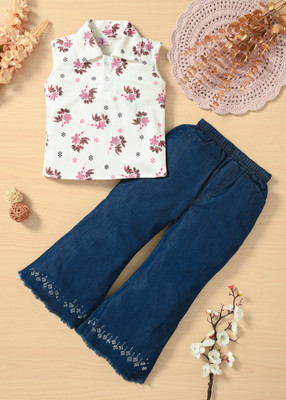 TAILORWOMEN Girls Casual Top Jeans(Whte Red & Blue)