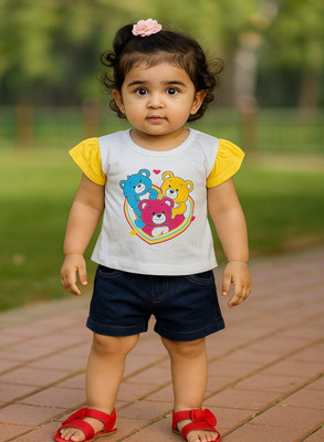 Buble Duble Baby Girls Party(Festive) Top Shorts(White & Yellow)