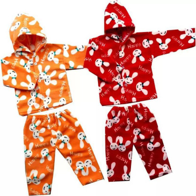 HouseOfCommon Kids Nightwear Baby Boys & Baby Girls Printed Fleece Blend(Red Pack of 2)