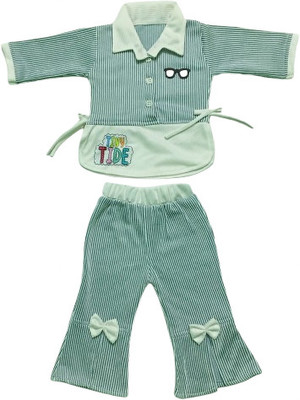 cutecrage Baby Girls Casual T-shirt Trouser(AQUA BLUE AND WHITE STRIPES)