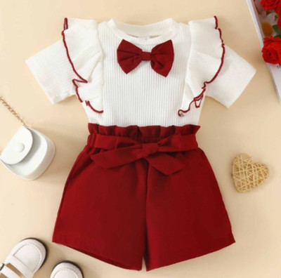 DAWINAR Baby Girls Casual Top Shorts(Maroon and white)