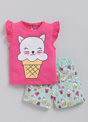 GIGGLY FOX Baby Girls Casual Top Pant(Dark Pink)