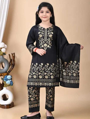 SKRAFATGARMENTS Girls Festive & Party Kurta and Palazzo Set(Black Pack of 1)