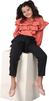 SILK SPARROW Girls Casual Top Pant(Coral & Black)