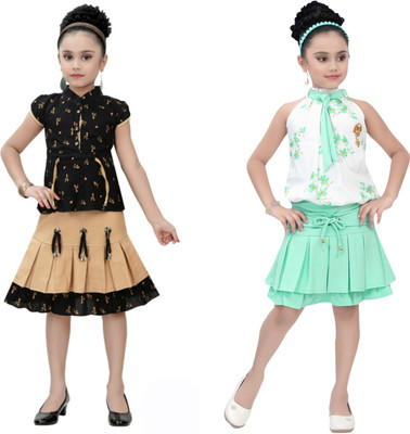 CLOTH ADDA Girls Party(Festive) Top Skirt(Green)