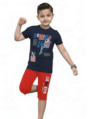 ASwings Boys Casual T-shirt Shorts(Dark Blue, Red)