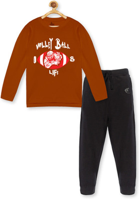 KiddoPanti Boys Casual T-shirt Track Pants(Rust & Jet Black)