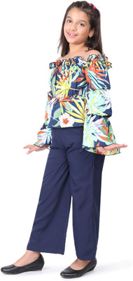 SILK SPAROW Girls Casual Top Pant(Multi & Navy Blue)