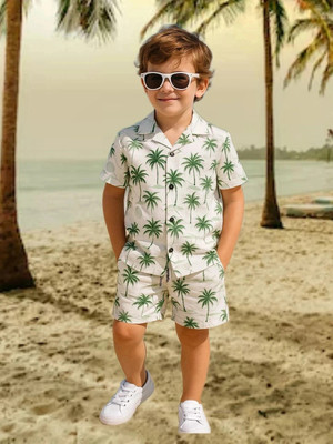 FASHION GRAB Boys Casual Shirt Shorts(White Green)