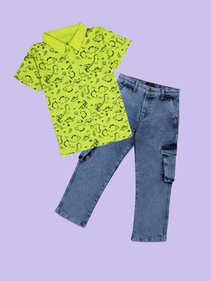 KiddoPanti Boys Casual T-shirt Jeans(Neon Green / Light blue)