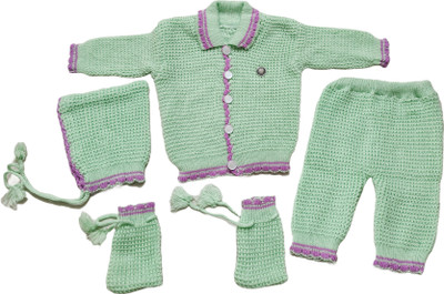 VIYODHAR Baby Boys & Baby Girls Party(Festive) Sweater Pant, Bootie, Cap(Light Green)