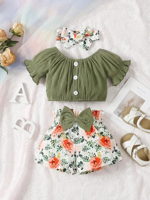 HouseOfCommon Baby Girls Daisy Party(Festive) Top Shorts, Hairband(Olive)