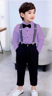 pelton fashion Baby Boys Party(Festive) Shirt Pant, Bow Tie, Suspenders(Purple)