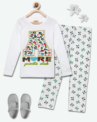 NOW OR NEVER Girls Casual Pyjama Sleepsuit(WHT_LEAF)