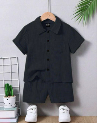 F Plus fashion Baby Boys Casual Shirt Shorts(Black)