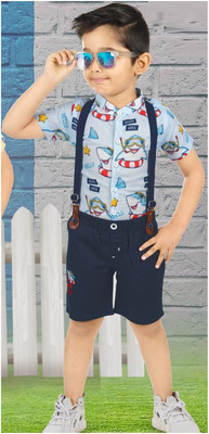 Choo Choo Boys Casual Shirt Dungaree(Sky Blue & Navy Blue)