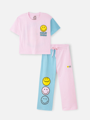 Nap Chief Girls Casual T-shirt Trouser(Light Pink_Smiley World)
