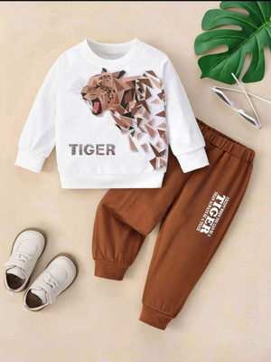 Afreen Creations Boys Party(Festive) T-shirt Track Pants(White & Brown)