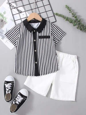 DANGAR Boys Casual Shirt Shorts(BLACKWHITE LINE_WHITE_Black)