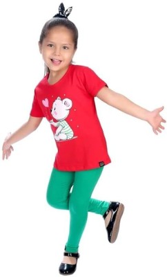 NIK & KNIT Girls Casual T-shirt Legging(Red & Green)