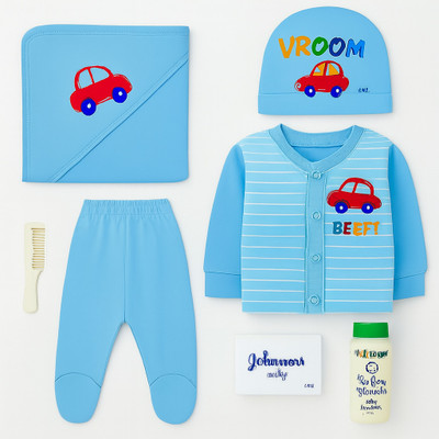 baby suit Baby Boys & Baby Girls Party(Festive) Bodysuit Pant, T-shirt, Cap(Lite blue)