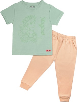 beau&beau Baby Girls Casual T-shirt Track Pants(Green & Peach)