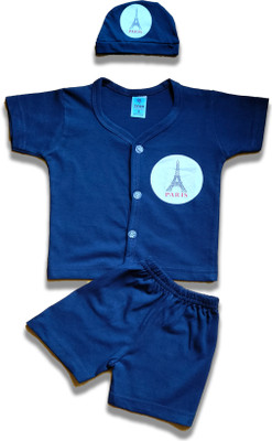 SANIKIDSWEAR Baby Boys & Baby Girls Casual Shirt Shorts, Cap(DEEP BLUE)