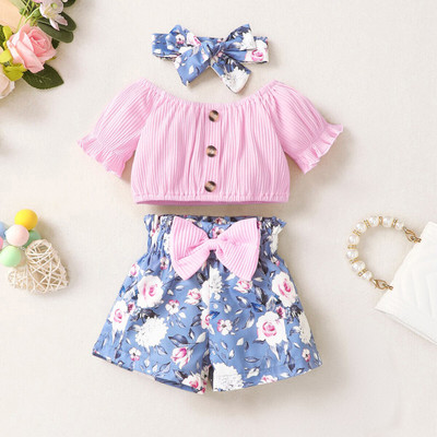 HouseOfCommon Baby Girls Daisy Party(Festive) Top Shorts, Hairband(Pink)