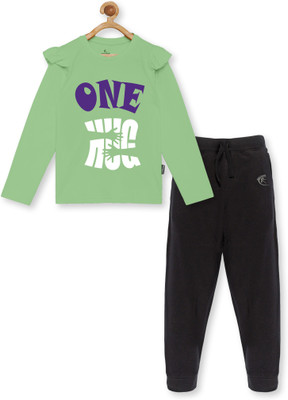 KiddoPanti Girls Casual Sweatshirt Track Pants(Lt Green & Jet Black)