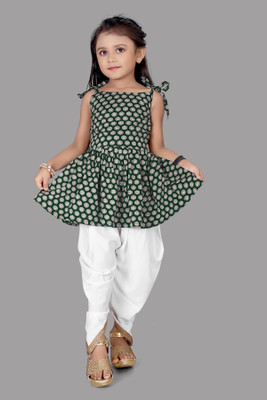 Aarya Designer Girls Festive & Party Kurta and Dhoti Pant Set(Green Pack of 1)