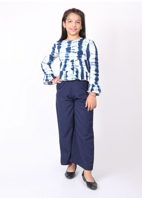 SILK SPAROW Girls Casual Top Pant(White & Navy Blue)