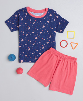BUMZEE Girls Casual T-shirt Shorts(Navy & Coral)