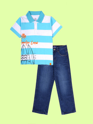 KiddoPanti Boys Casual T-shirt Jeans(Sky Blue & White / Dark Blue)