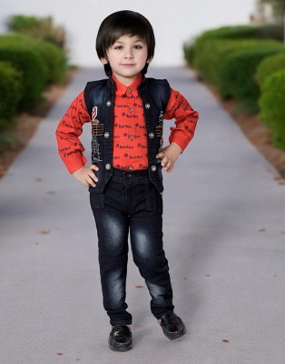 Bold Born Boys Party(Festive) Shirt Jacket, Jeans(Red)