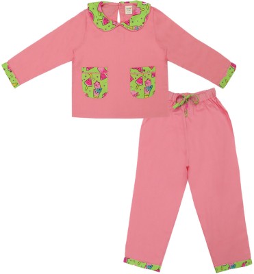 Clothe Funn Girls Casual Shirt Pyjama(Peach & Green AOP)