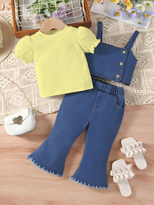 Modern Garments Girls Party(Festive) Top Jacket, Pant(Lemon Yellow, Blue)