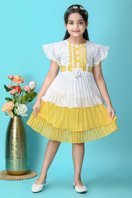 af fashion Baby Girls Midi/Knee Length Festive/Wedding Dress(Yellow, White, Short Sleeve)