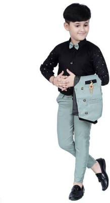 Fashionhub Boys Festive & Party, Wedding, Wedding Shirt, Waistcoat and Pant Set(Green Pack of 1)