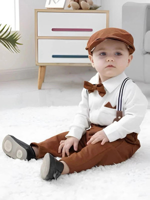 ULTRINA Baby Boys Party(Festive) Shirt Pant, Suspenders, Bow Tie, Cap(WHITE & KHAKHI)