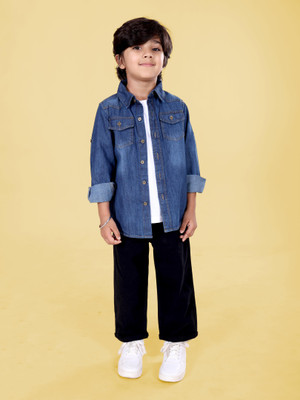 KiddoPanti Boys Casual Shirt Pant(Medium Blue / White / Black)