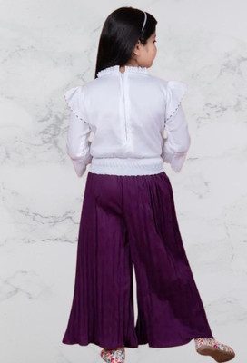 Vijatree Girls Casual Top Pant(White / Purple)