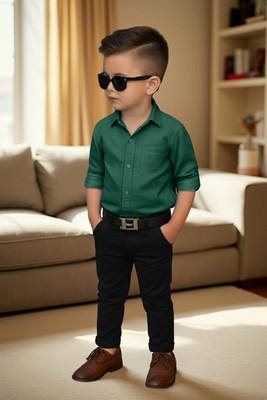 Nelkar Boys Casual Shirt Track Pants(BOTTLE GREEN)